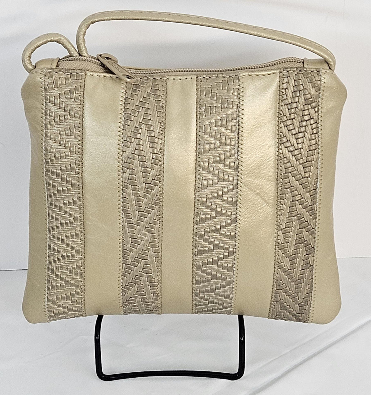 Champagne Leather Crossbody Handbag: Zigzag Stitch, Made in USA