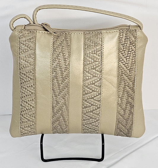 Champagne Leather Crossbody Handbag: Zigzag Stitch, Made in USA