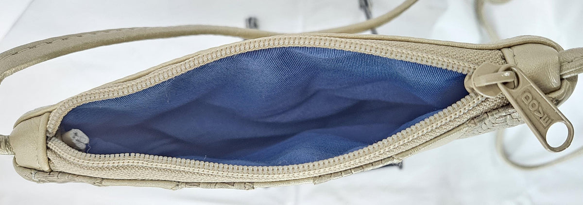 Champagne Leather Crossbody Handbag: Zigzag Stitch, Made in USA