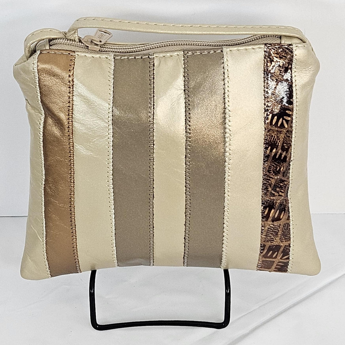 Champagne Bronze Leather Crossbody Handbag: Zigzag Stitch, Made in USA