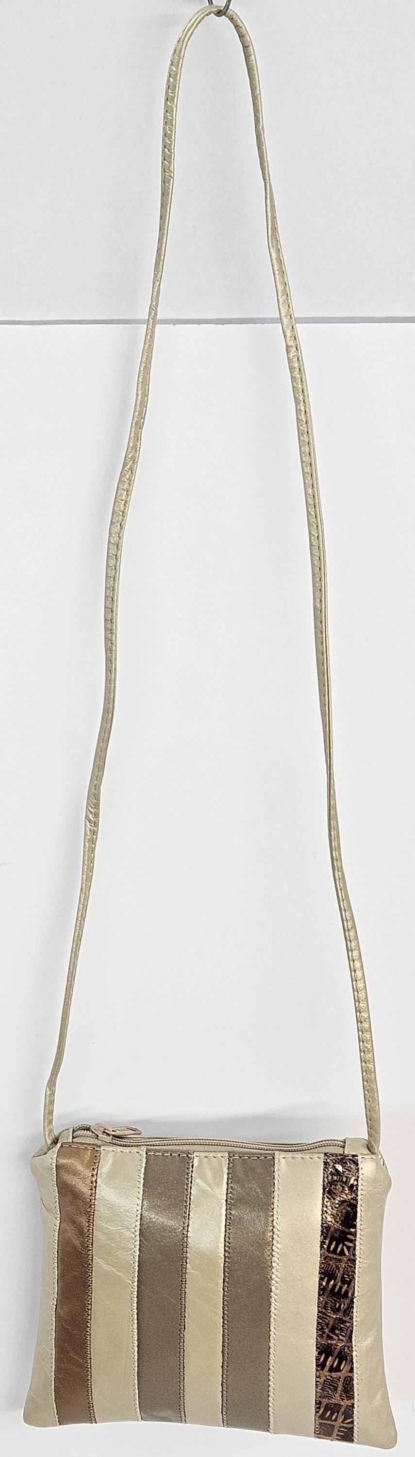 Champagne Bronze Leather Crossbody Handbag: Zigzag Stitch, Made in USA