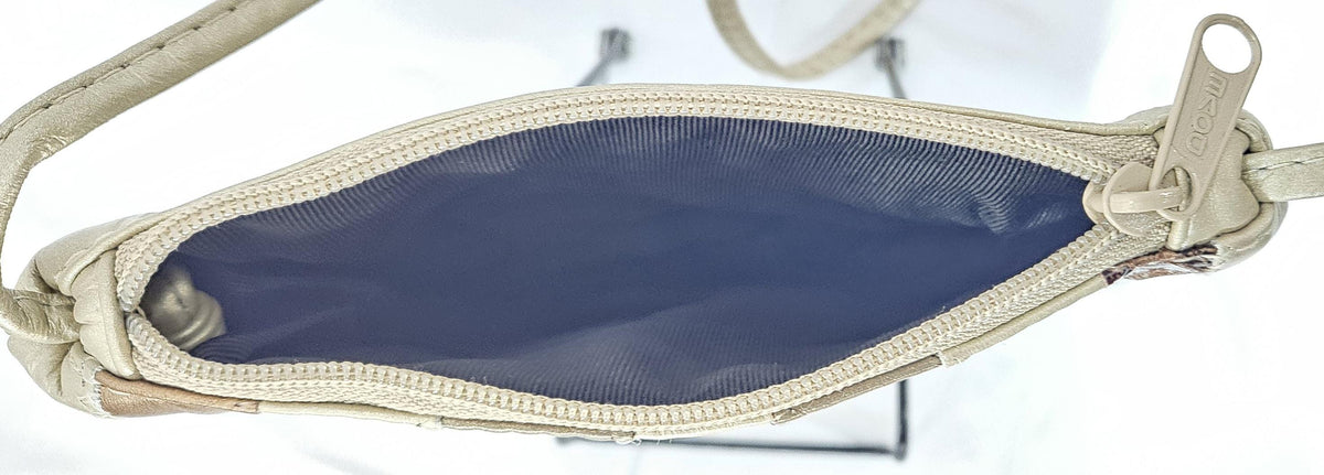Champagne Bronze Leather Crossbody Handbag: Zigzag Stitch, Made in USA