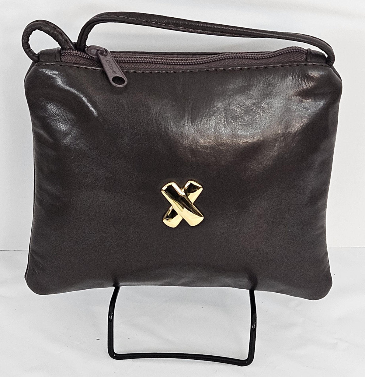 Brown Leather Crossbody Bag with Gold 'X' - Made in USA
