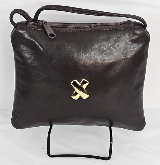 Brown Leather Crossbody Bag with Gold 'X' - Made in USA