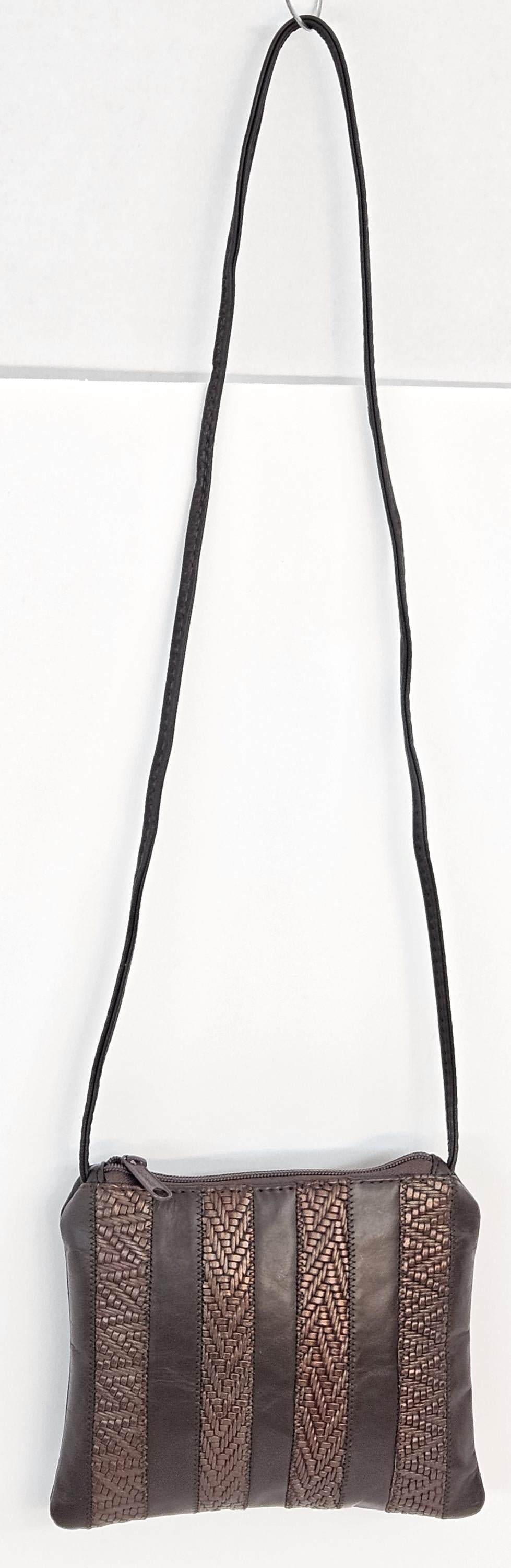 Brown Genuine Leather Crossbody Handbag - Zigzag Stitch - Made in USA