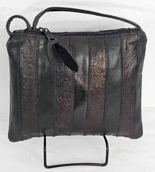 Black with brown Ostrich print Zigzag stich Crossbody Handbag #TR3302bbop-ZA, Purses,Universal Use Genuine Leather.   Made in USA.