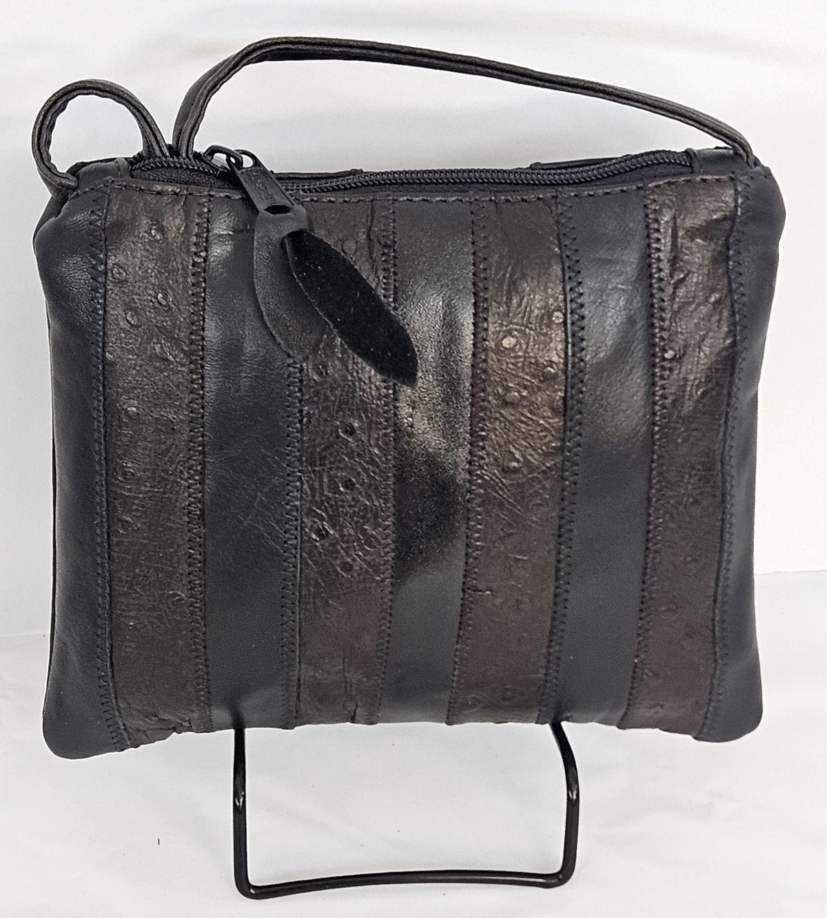 Ostrich Print Leather Crossbody Handbag - Zigzag Stitch, Made in USA