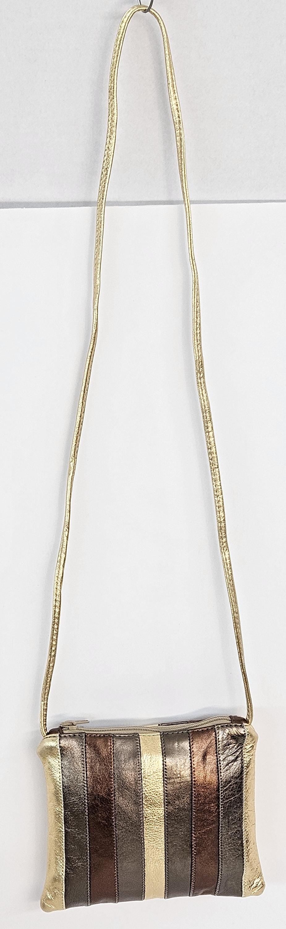 Gold Zigzag Stitch Leather Crossbody Handbag - Made in USA