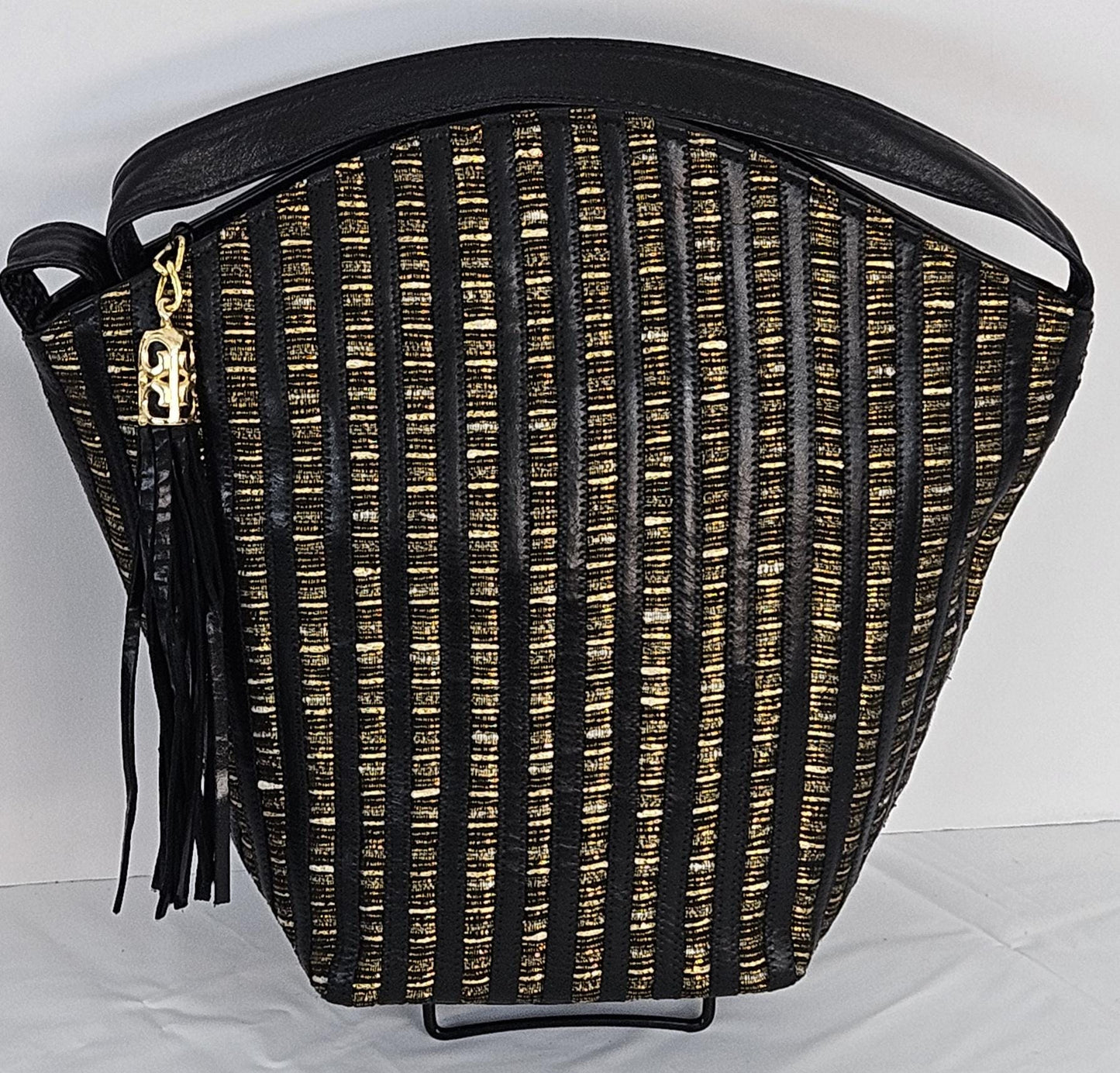 Zigzag Genuine Leather Handbag: Black & Pewter Stripes, Made in USA