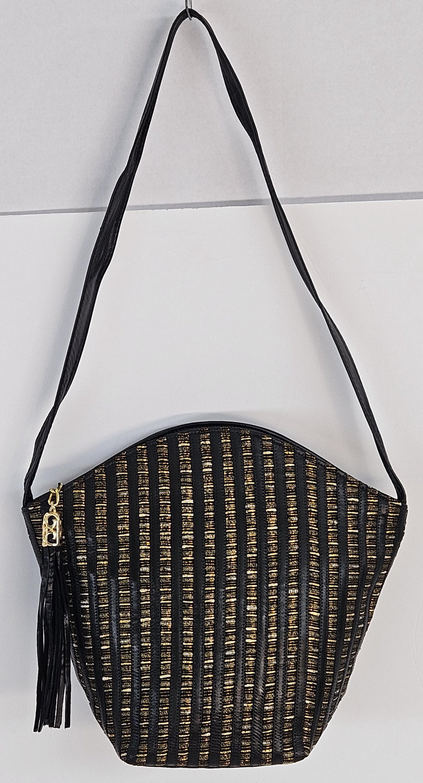 Zigzag Genuine Leather Handbag: Black & Pewter Stripes, Made in USA
