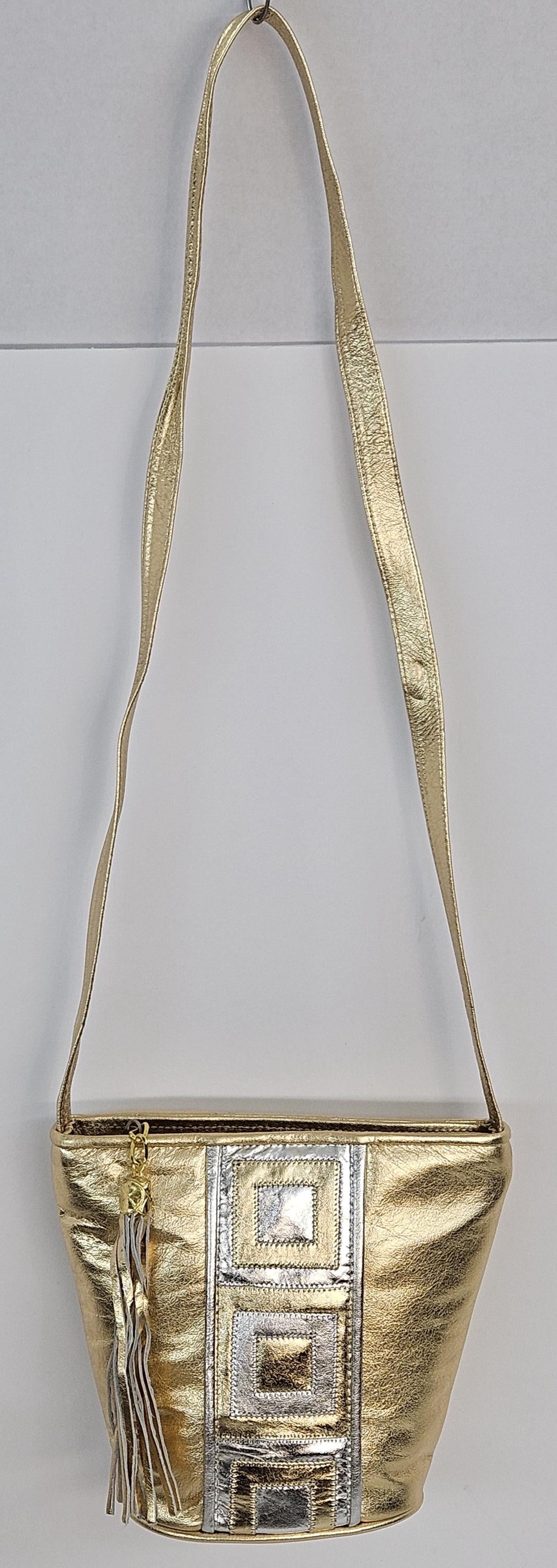 Gold Metallic Leather Handbag: Silver Square Zigzag Purse, Made in USA