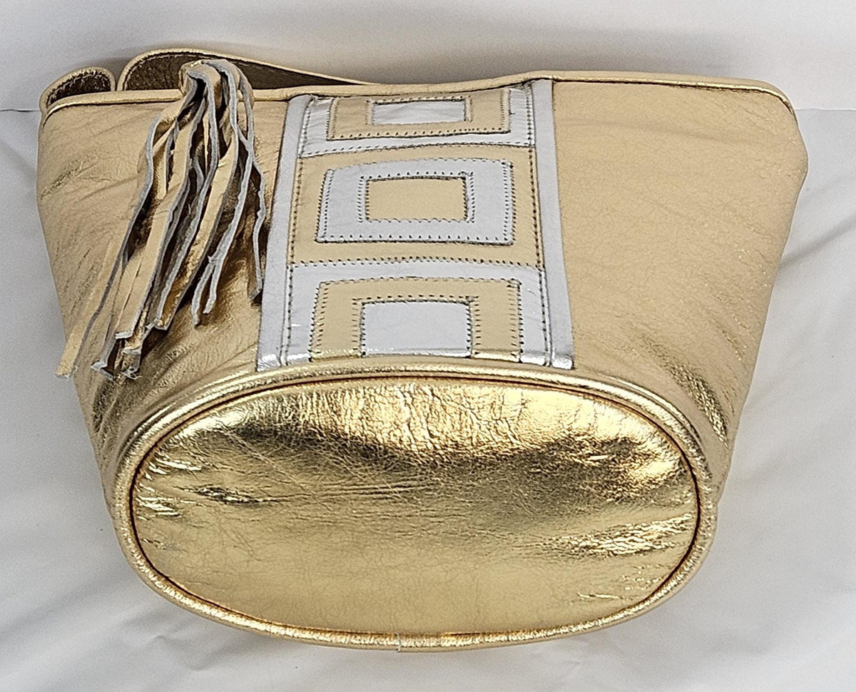 Gold Metallic Leather Handbag: Silver Square Zigzag Purse, Made in USA