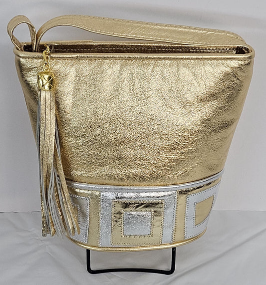Gold Metallic Leather Handbag: Silver Zigzag Detail, Made in USA