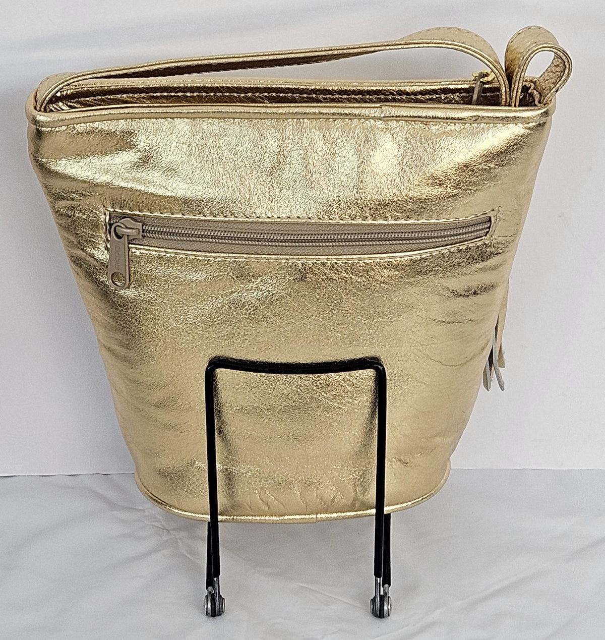 Gold Metallic Leather Handbag: Silver Zigzag Detail, Made in USA
