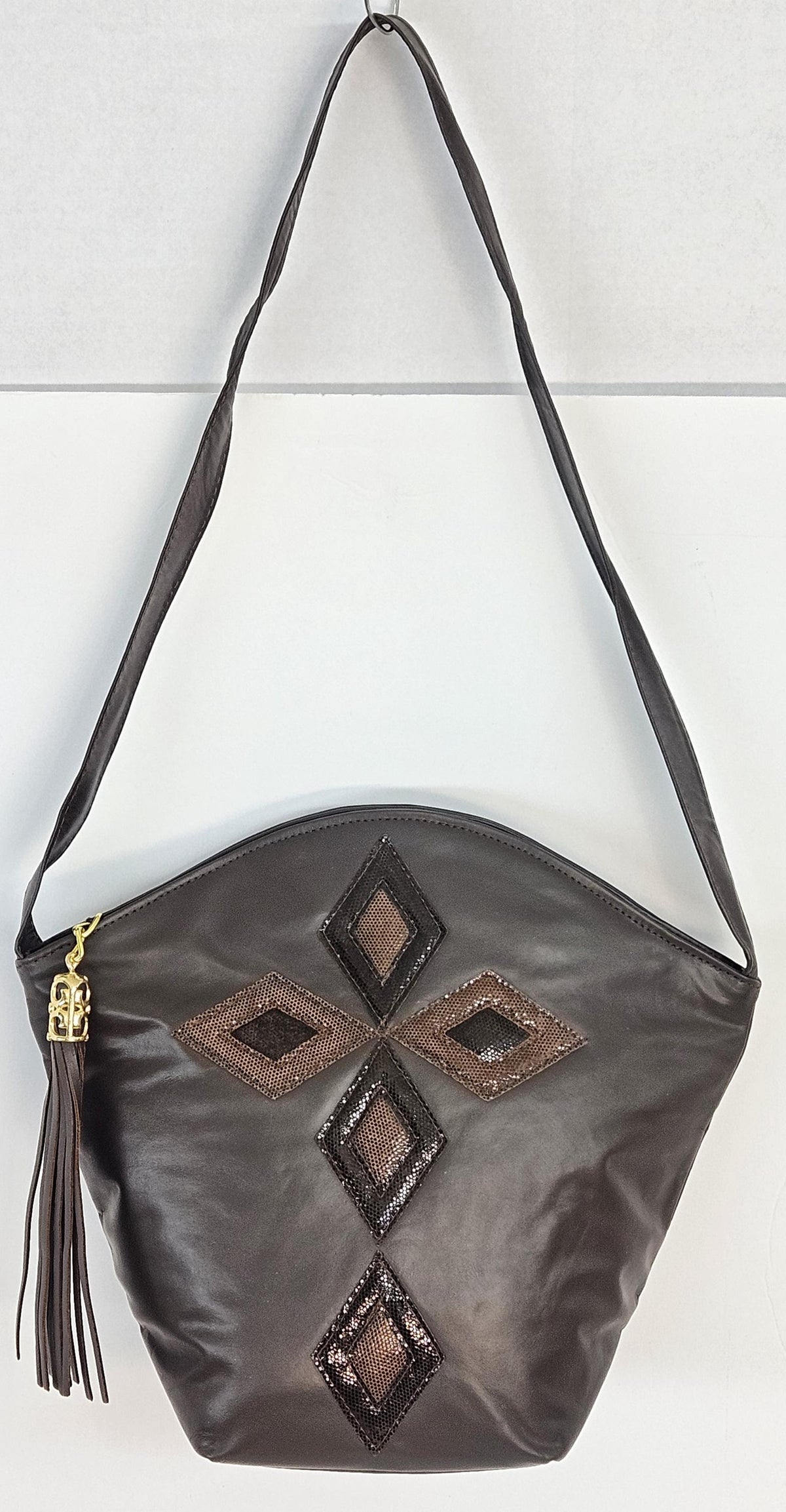 Brown Leather Handbag: Diamond Cut Cross Design, Made in USA
