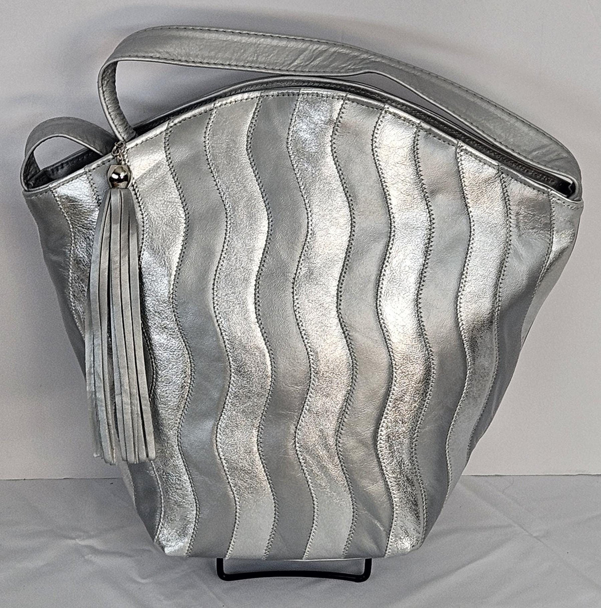 Grey Leather Handbag: Silver Zigzag Striped Tote, Made in USA