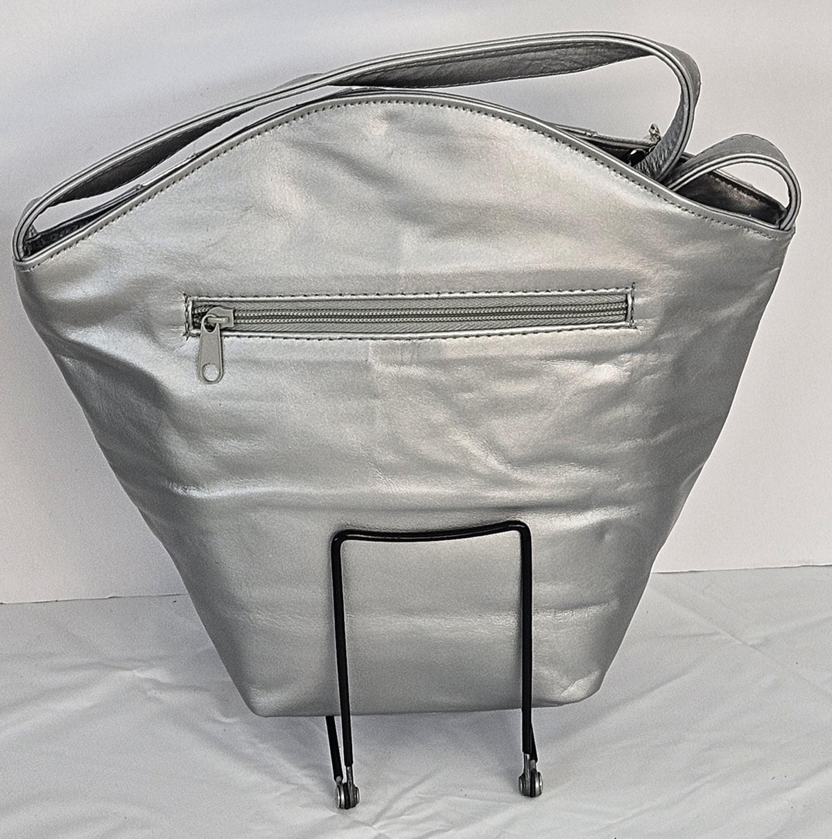 Grey Leather Handbag: Silver Zigzag Striped Tote, Made in USA
