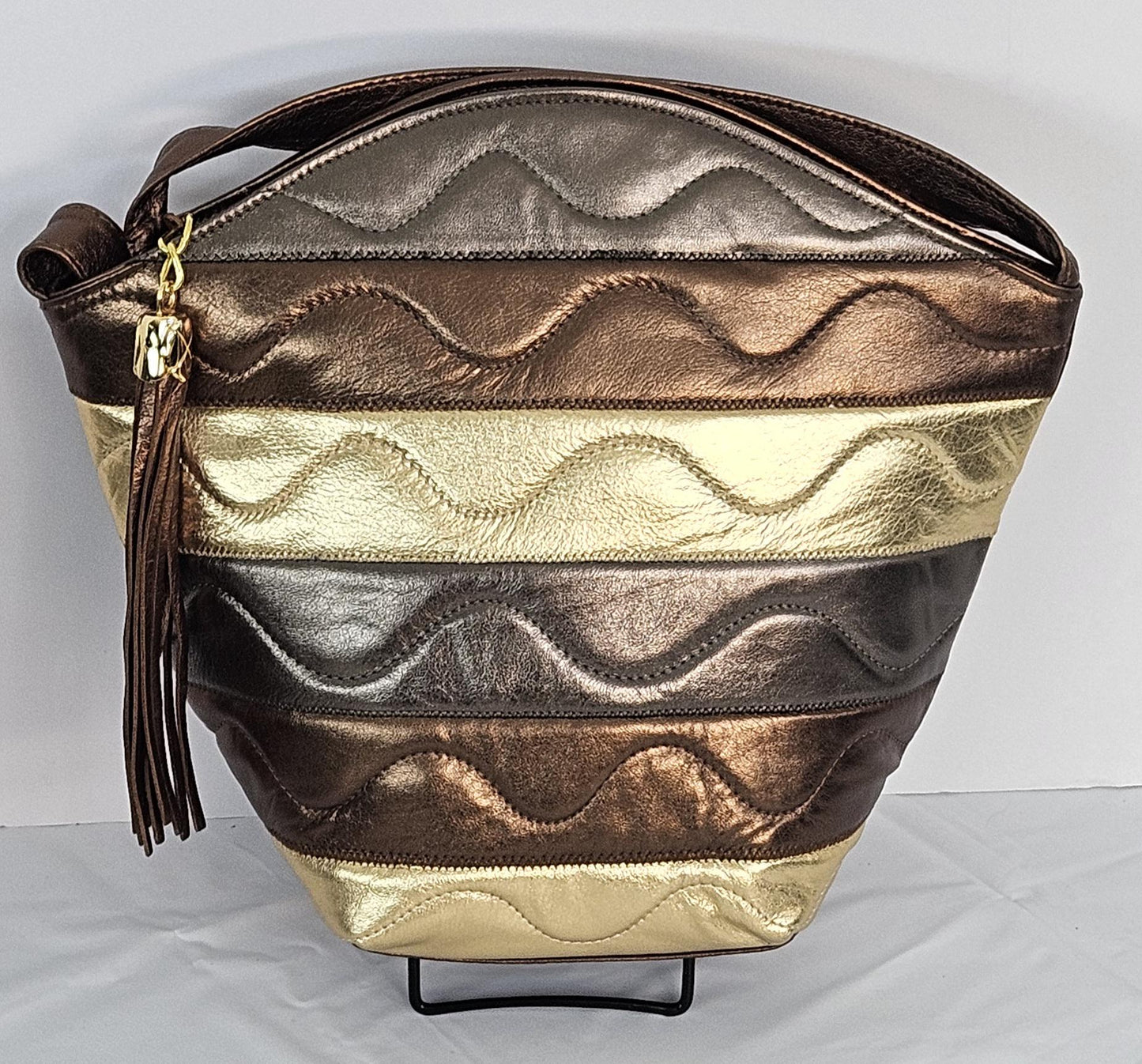 Zigzag Genuine Leather Handbag: Bronze, Pewter & Gold - Made in USA