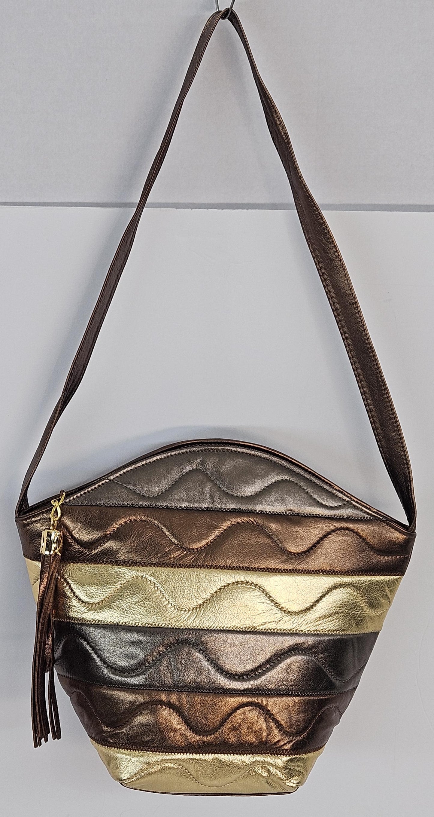 Zigzag Genuine Leather Handbag: Bronze, Pewter & Gold - Made in USA