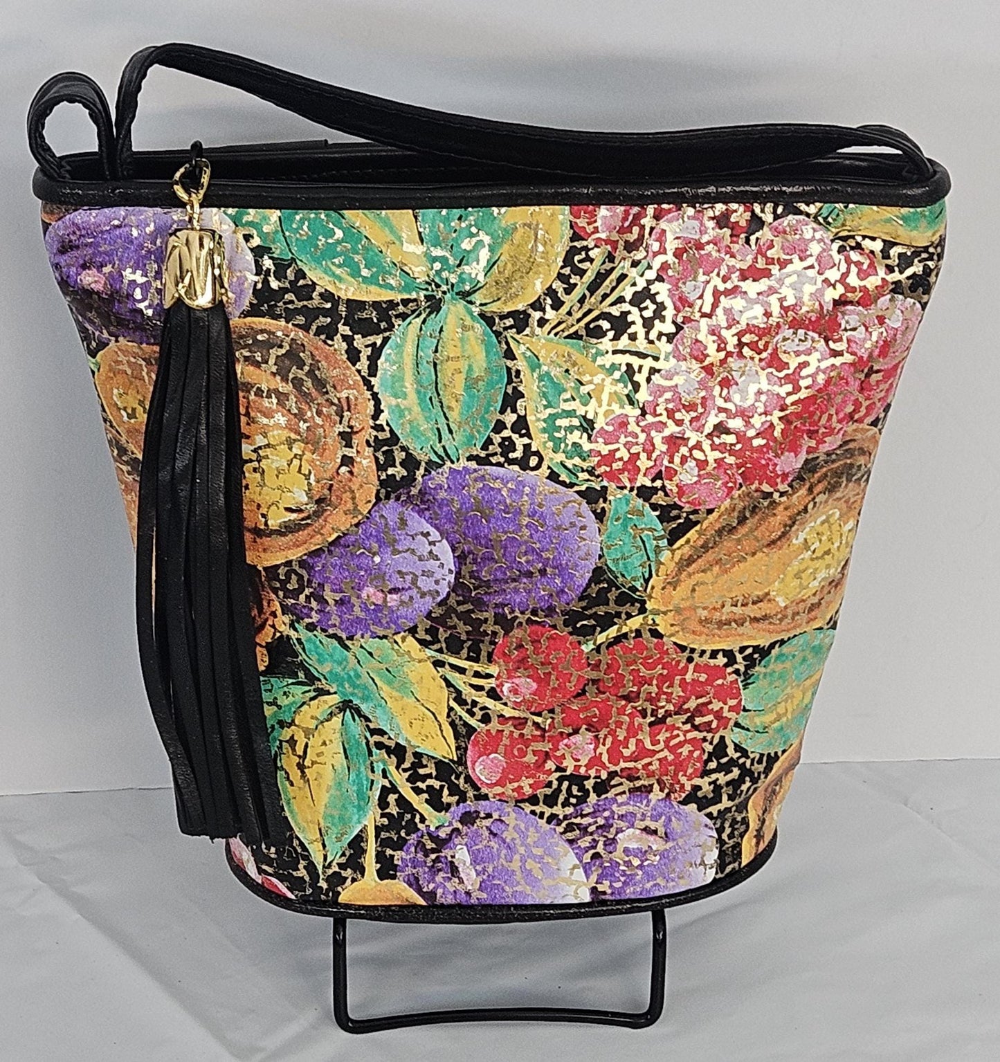 Black with Gold Fruits print Genuine Leather Handbag.#TR2099Bgfp-1,Purses Universal Use ,Unique design. Made in USA.