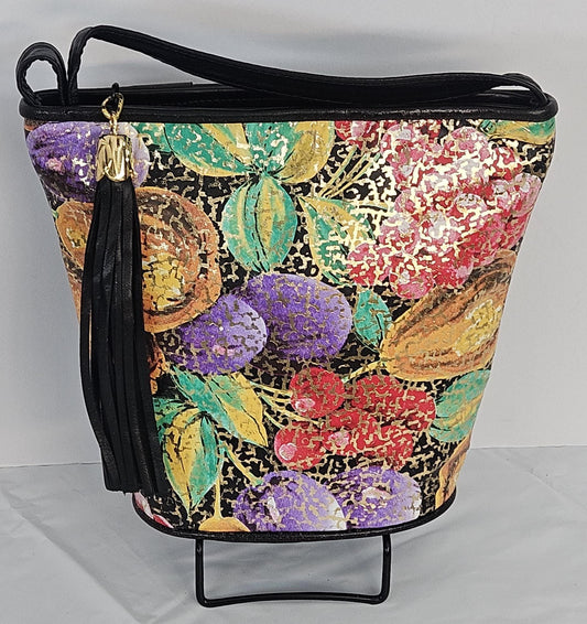 Black Leather Handbag: Gold Fruit Print Italian Leather Crossbody, Made in USA