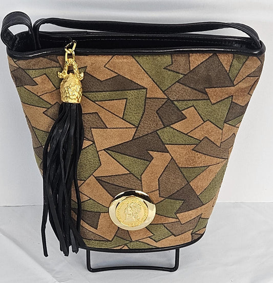 Geometric Leather Handbag: Gold Coin Accent, Made in USA