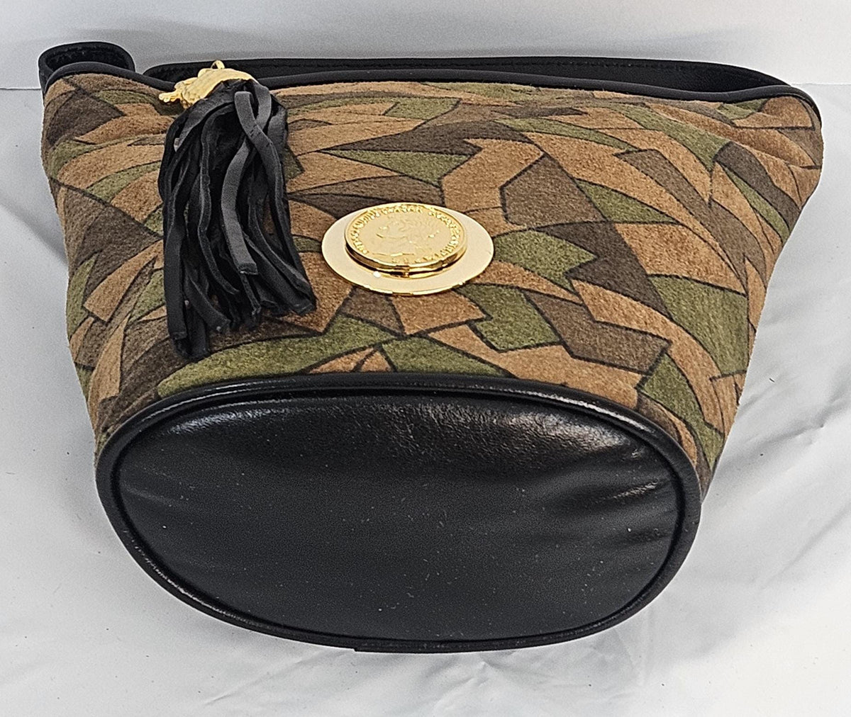 Geometric Leather Handbag: Gold Coin Accent, Made in USA