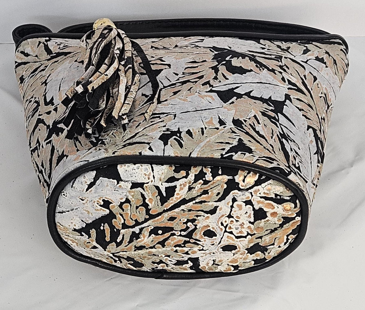 Leaf Print Leather Handbag: Black Italian Leather Crossbody, Made in USA