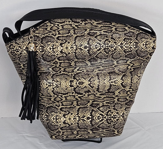 Black with Brown mix fabric print and Genuine Leather Handbag for women Universal Use.#TR9047-Bbrownmixp. Made in USA!