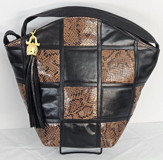 Black & Brown Zigzag Genuine Leather Handbag - Made in USA