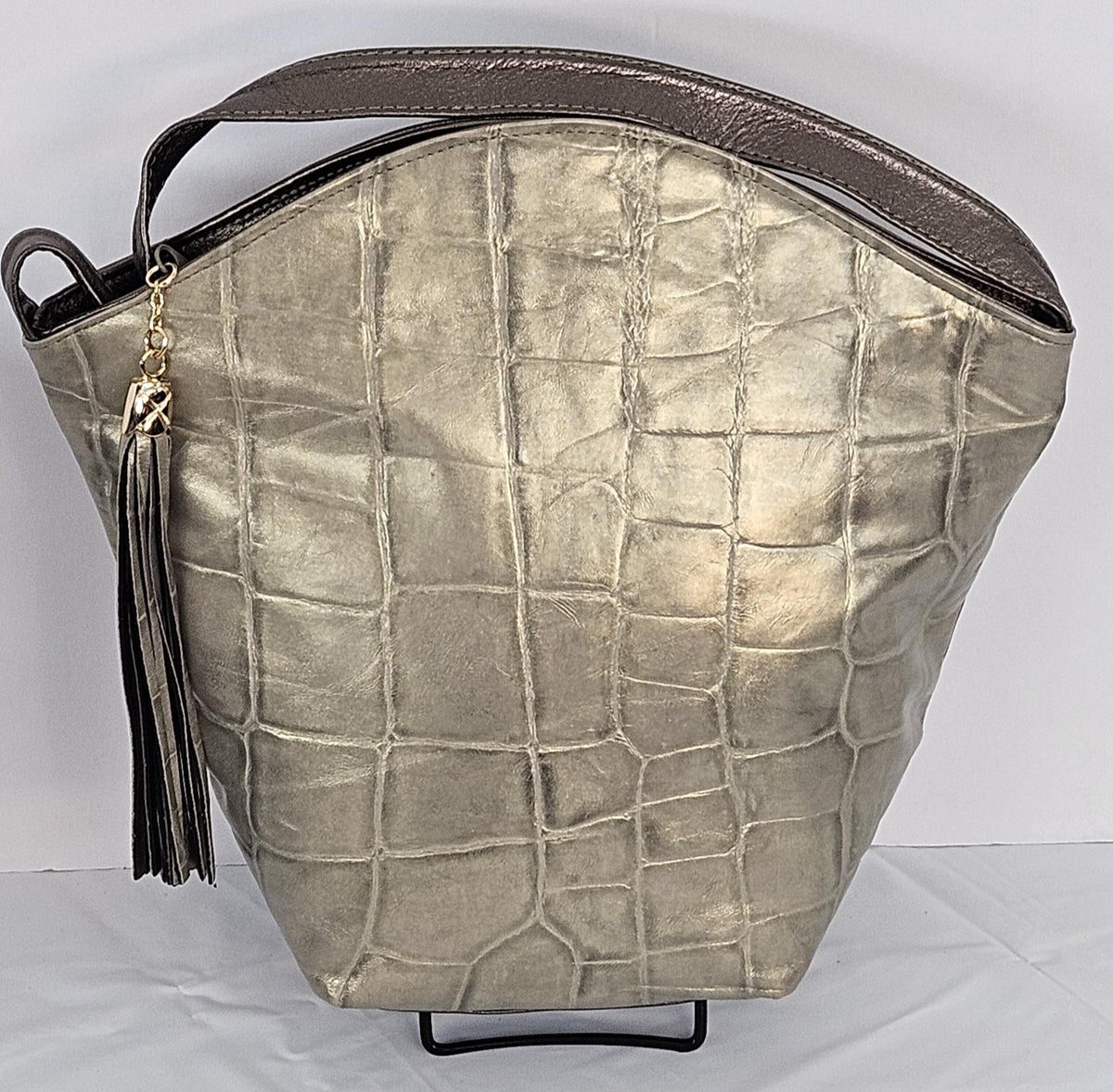 Pewter Print Genuine Leather Handbag: Metallic Women's Purse, Made in USA
