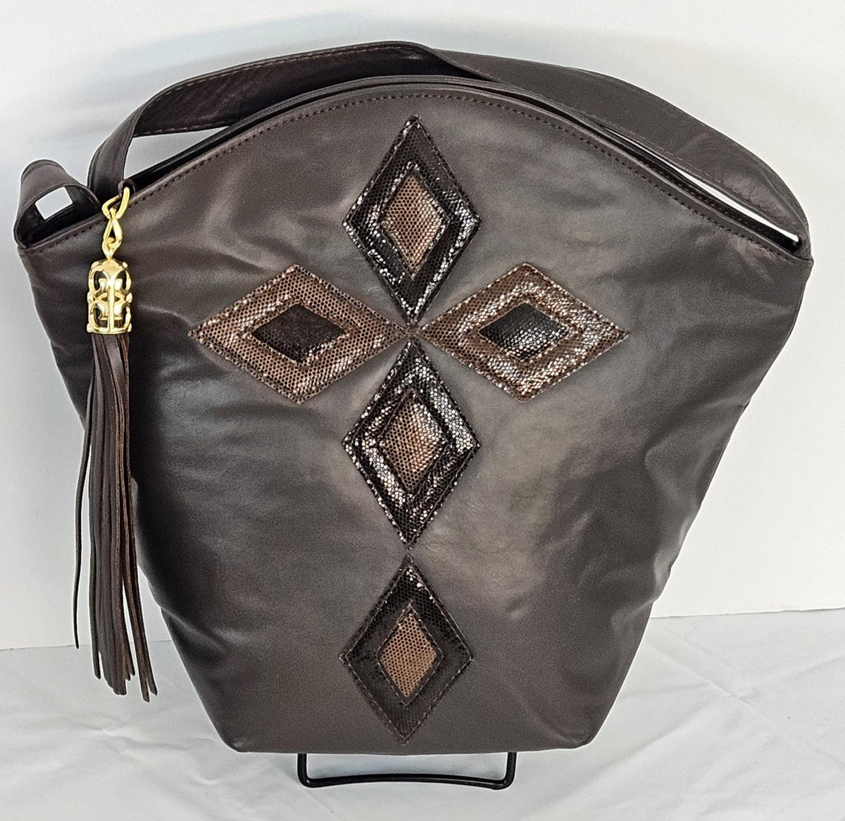 Brown Leather Handbag: Diamond Cut Cross Design, Made in USA