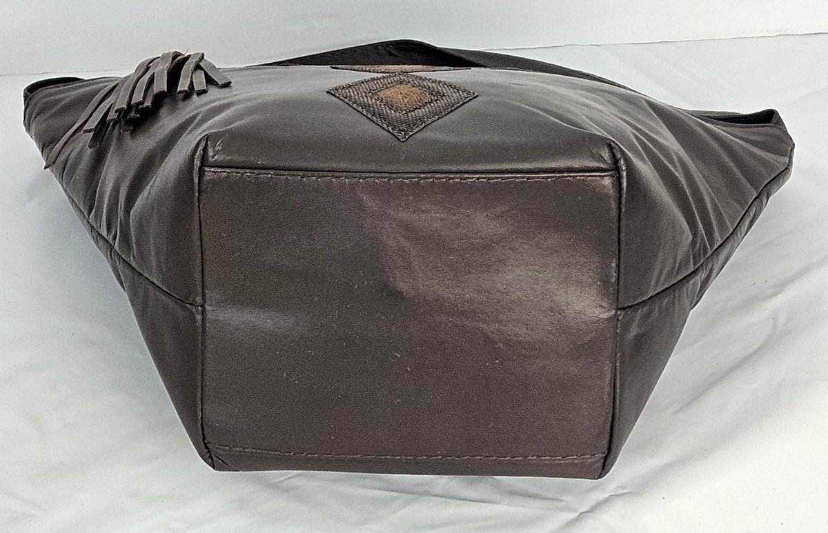 Brown Leather Handbag: Diamond Cut Cross Design, Made in USA