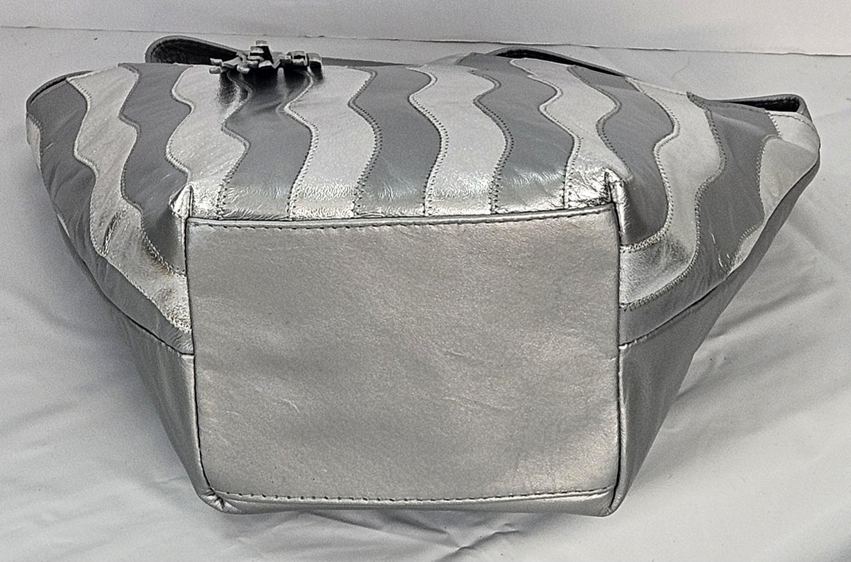 Grey Leather Handbag: Silver Zigzag Striped Tote, Made in USA
