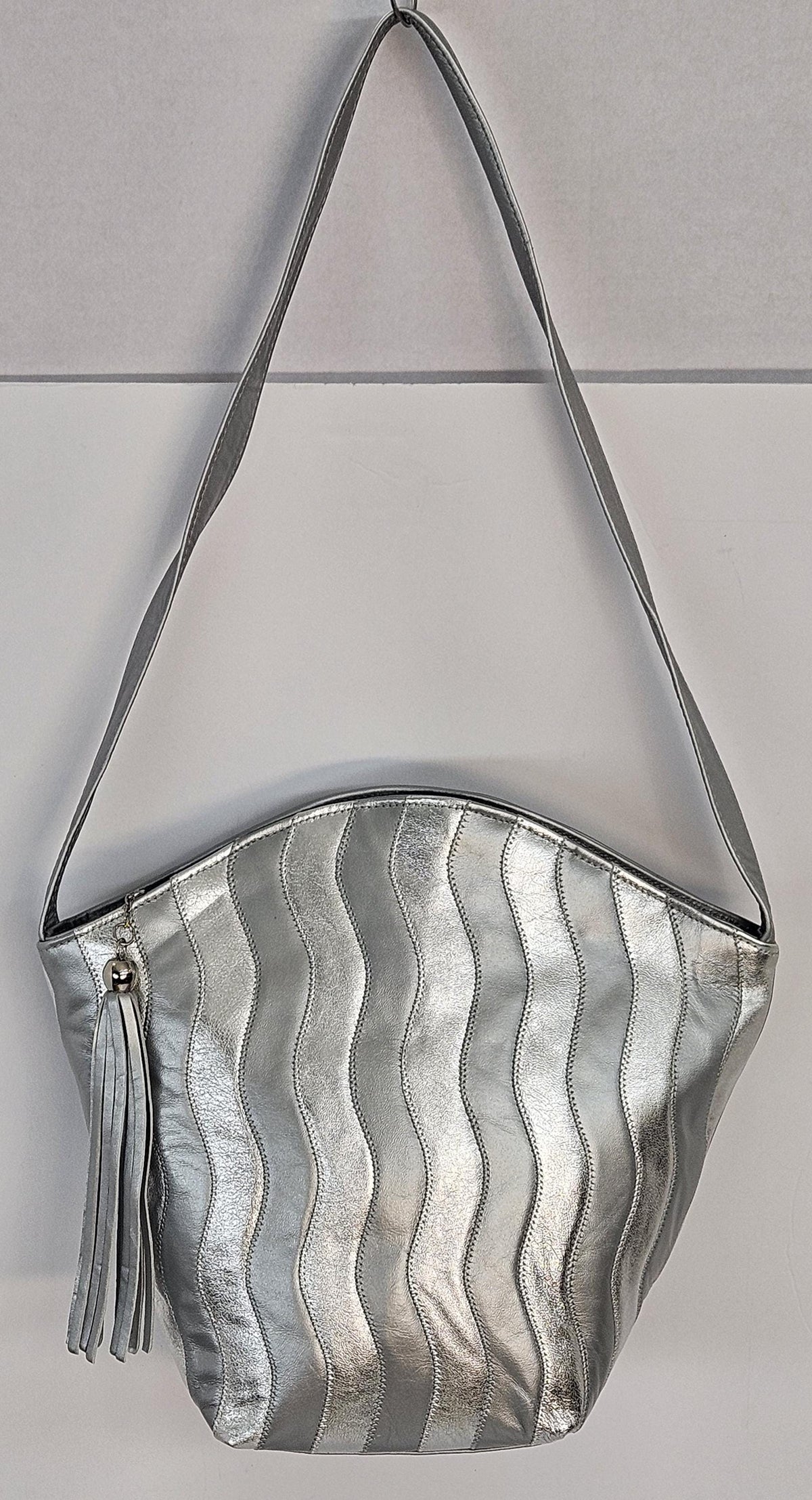 Grey Leather Handbag: Silver Zigzag Striped Tote, Made in USA