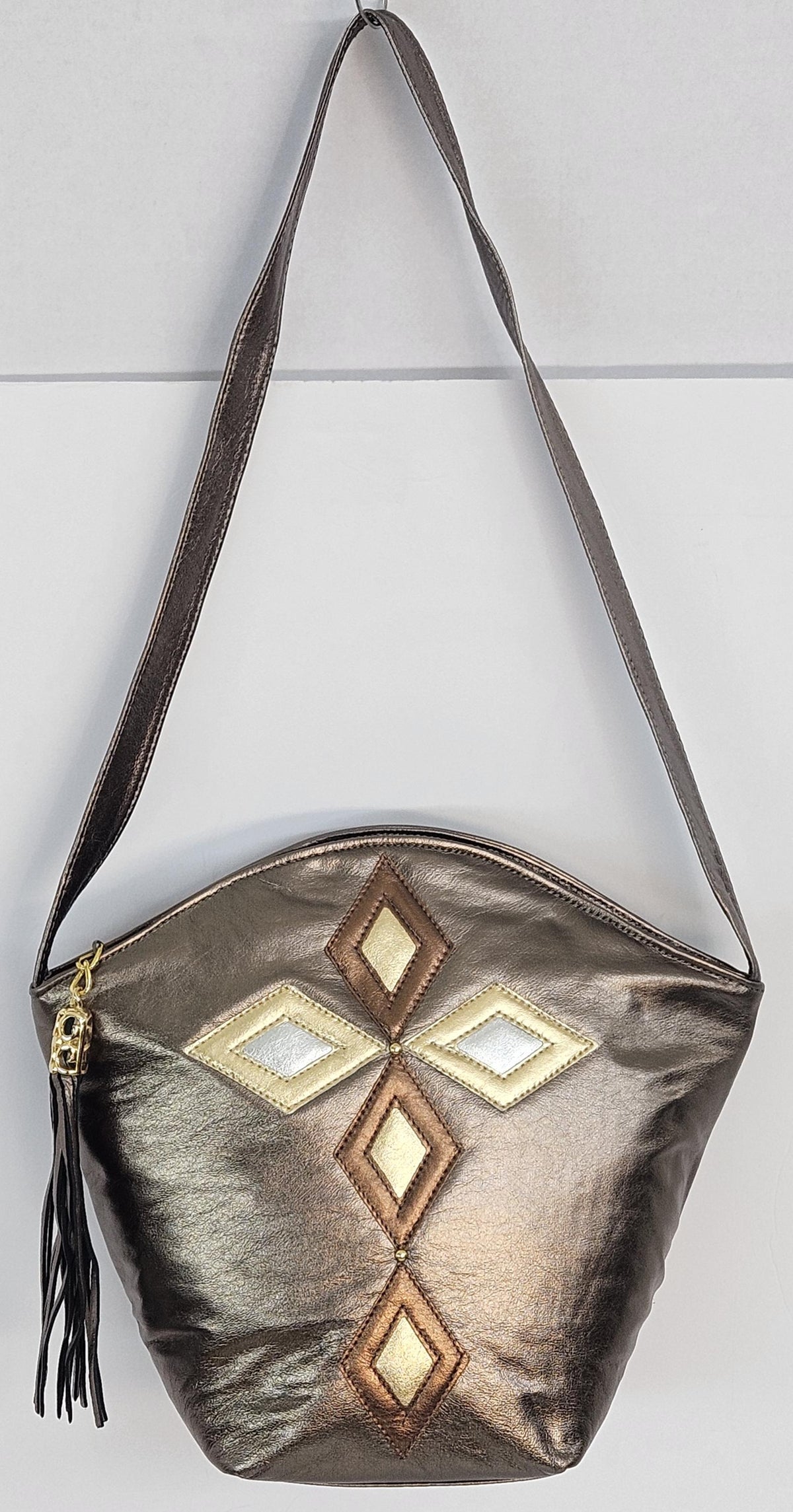 Genuine Leather Handbag: Pewter, Gold & Silver Diamond Cross - Made in USA
