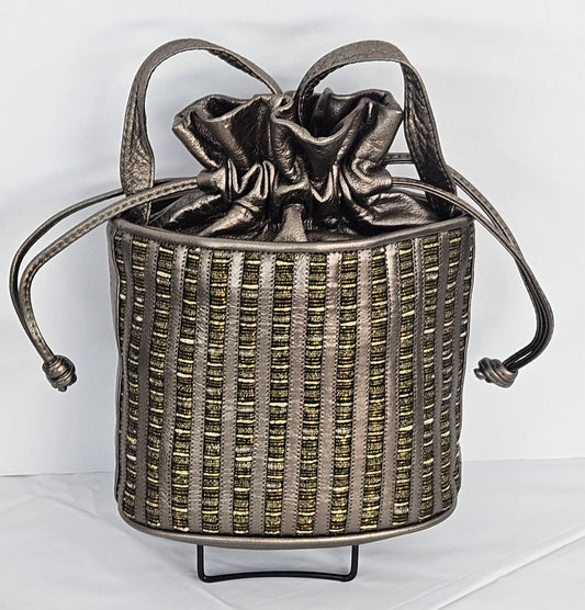 Pewter with  fabric design, zigzags works,Ladies Purse,Genuine Leather,Made in USA.#Tr2020pfzst.