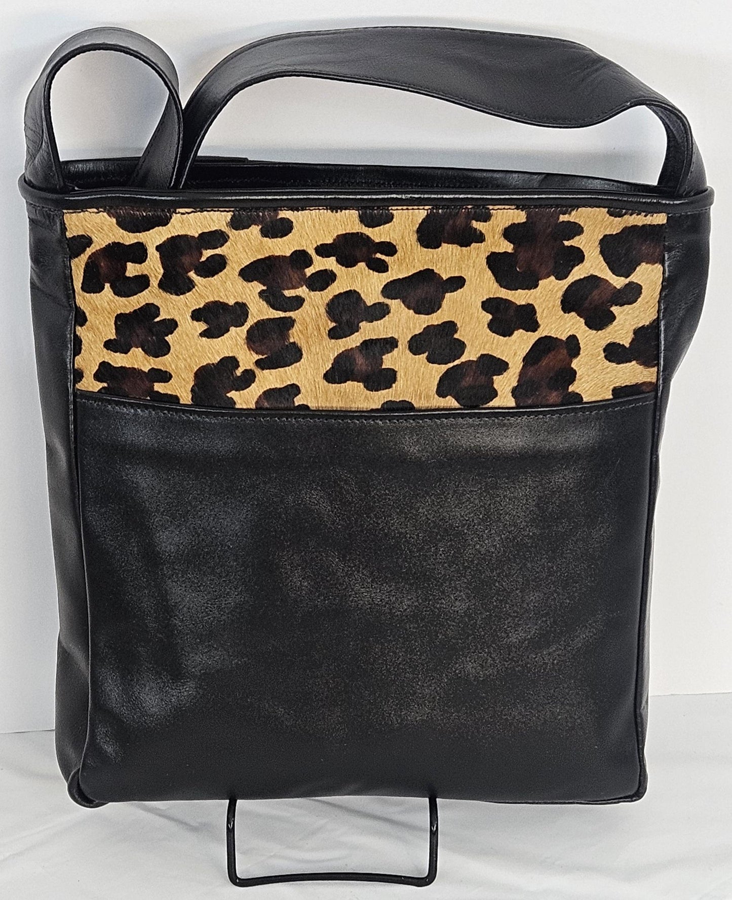 Black with brown Leopard print Genuine leather handbag.#Tr303Black/br-L.Made in USA.