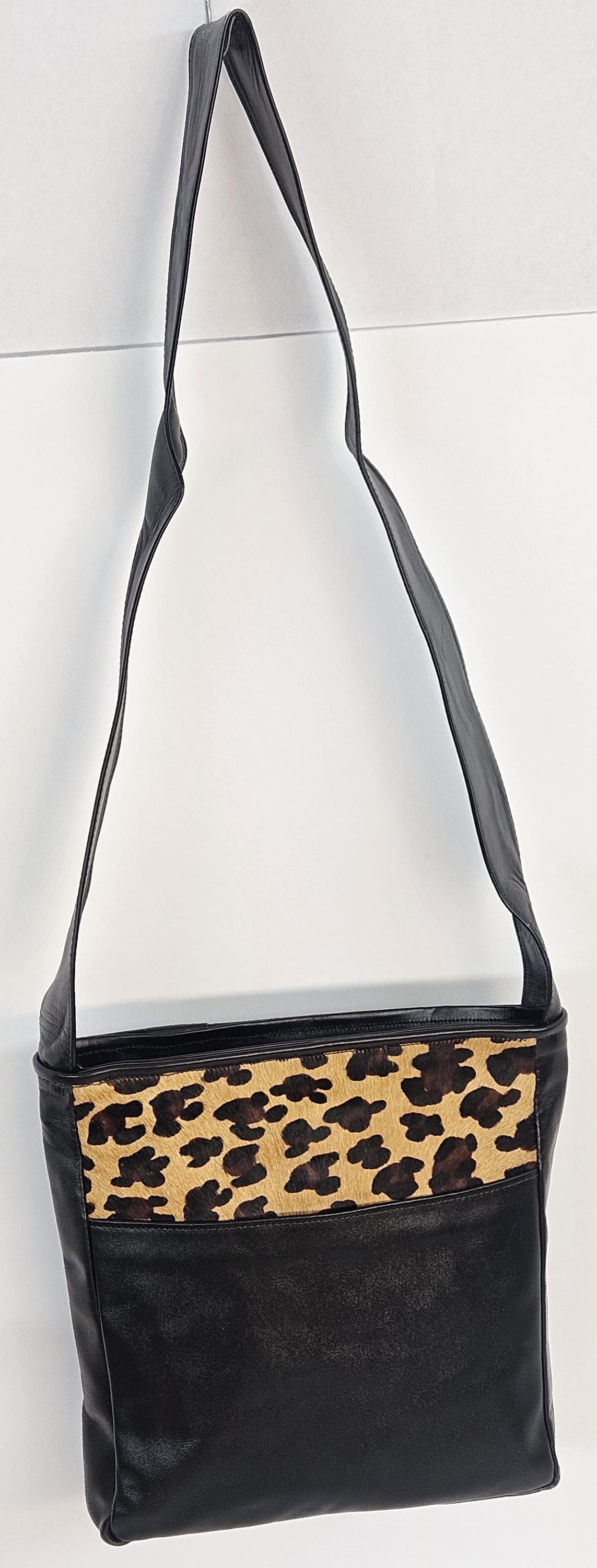 Black with brown Leopard print Genuine leather handbag.#Tr303Black/br-L.Made in USA.