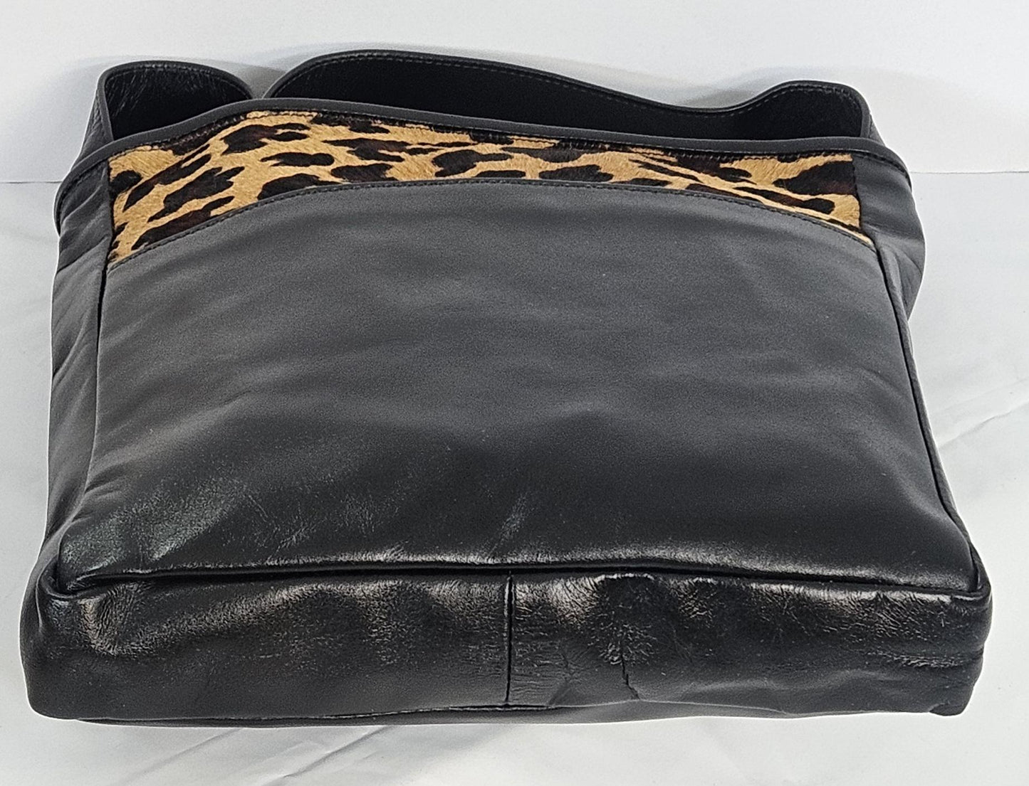 Black with brown Leopard print Genuine leather handbag.#Tr303Black/br-L.Made in USA.