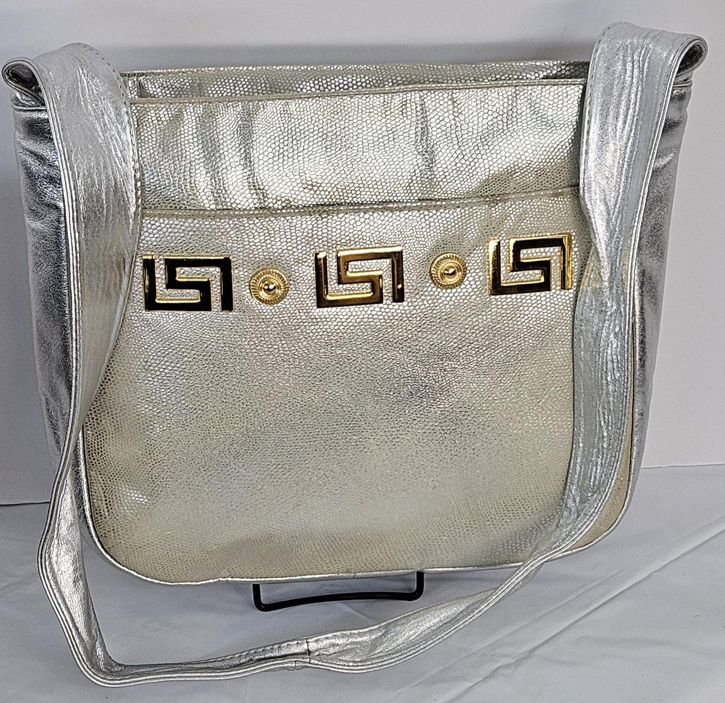 Silver metallic with silver with gold matel Z &buttons Leather Handbag!Made in USA.#Tr8003Smwgb.