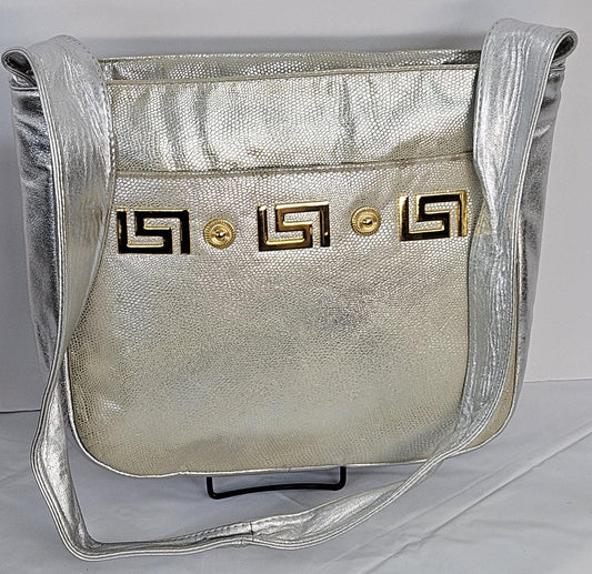 Metallic Silver Leather Handbag: Gold Accents, Made in USA