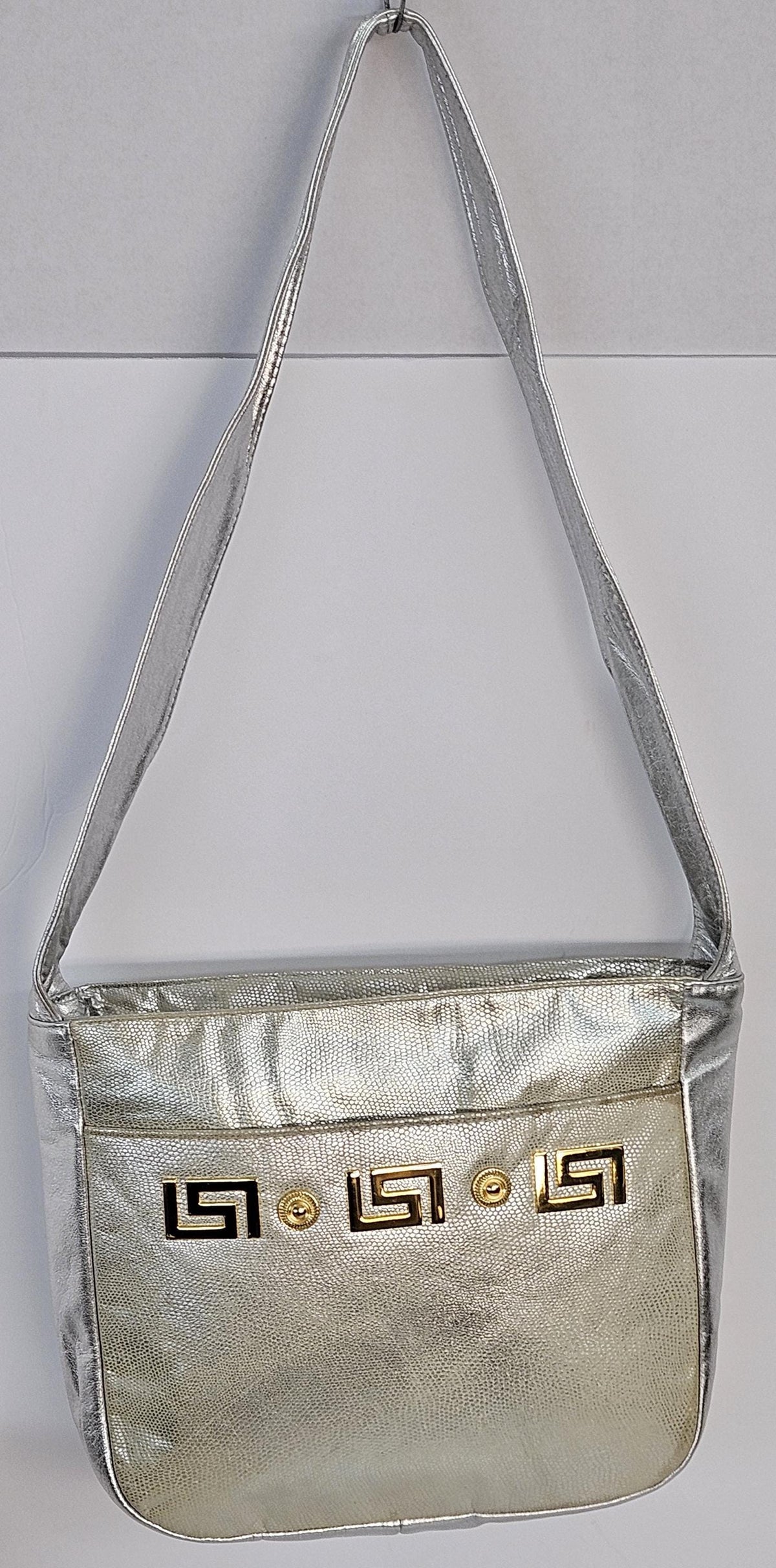 Metallic Silver Leather Handbag: Gold Accents, Made in USA