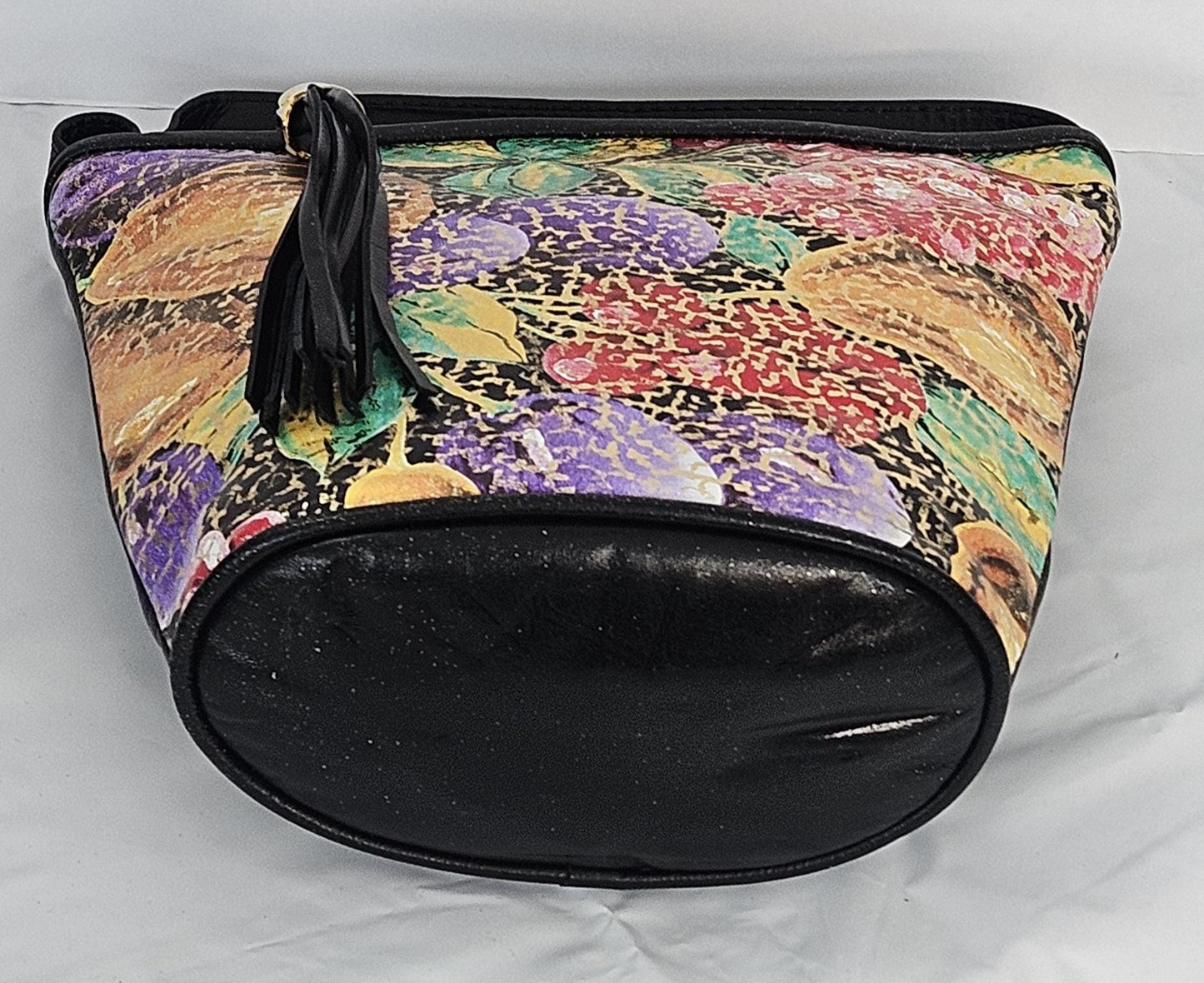 Black Leather Handbag: Gold Fruit Print Italian Leather Crossbody, Made in USA
