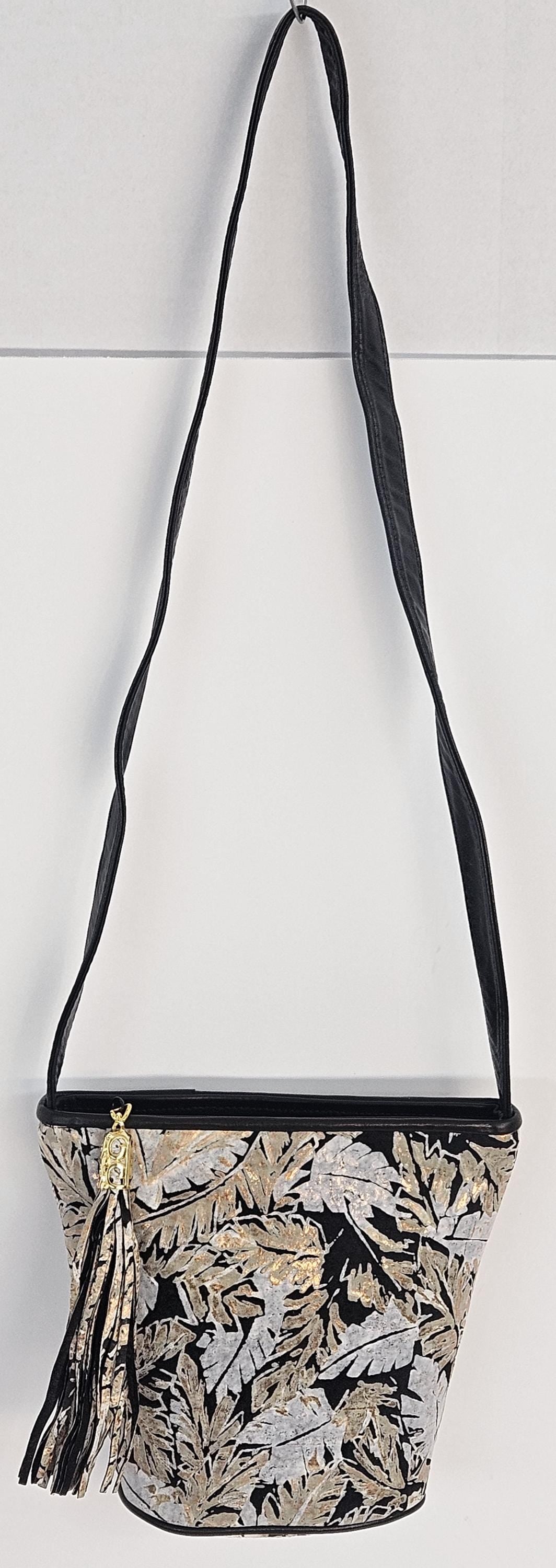 Leaf Print Leather Handbag: Black Italian Leather Crossbody, Made in USA