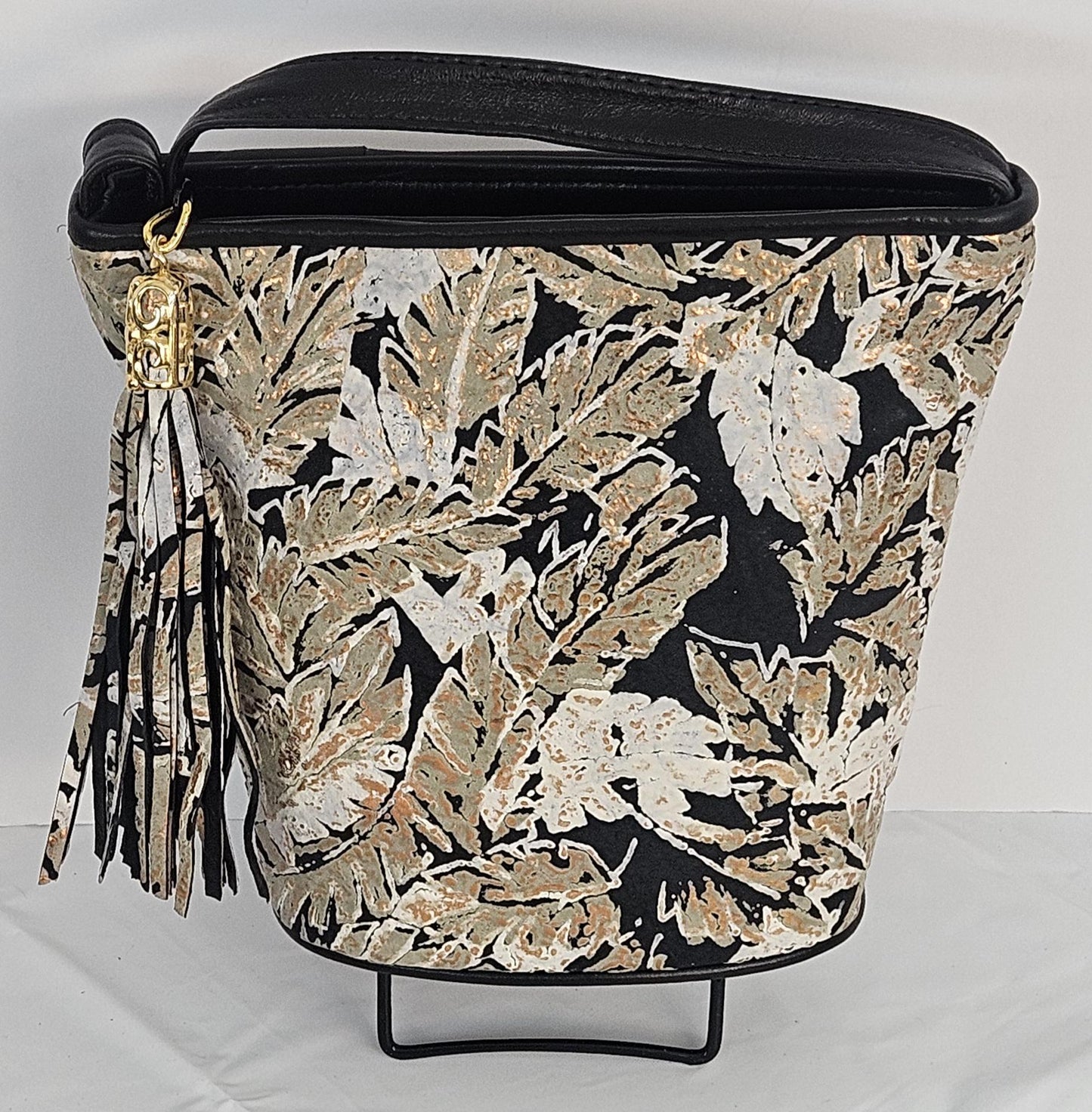 Black with Leaf print Genuine Leather Handbag.#TR2099Bwfp-3,Purses Universal Use ,Unique design. Made in USA.