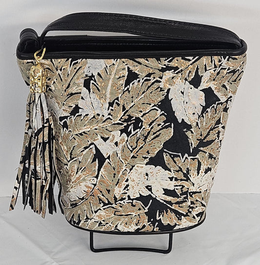 Leaf Print Leather Crossbody Handbag: Black Italian Leather Purse, Made in USA