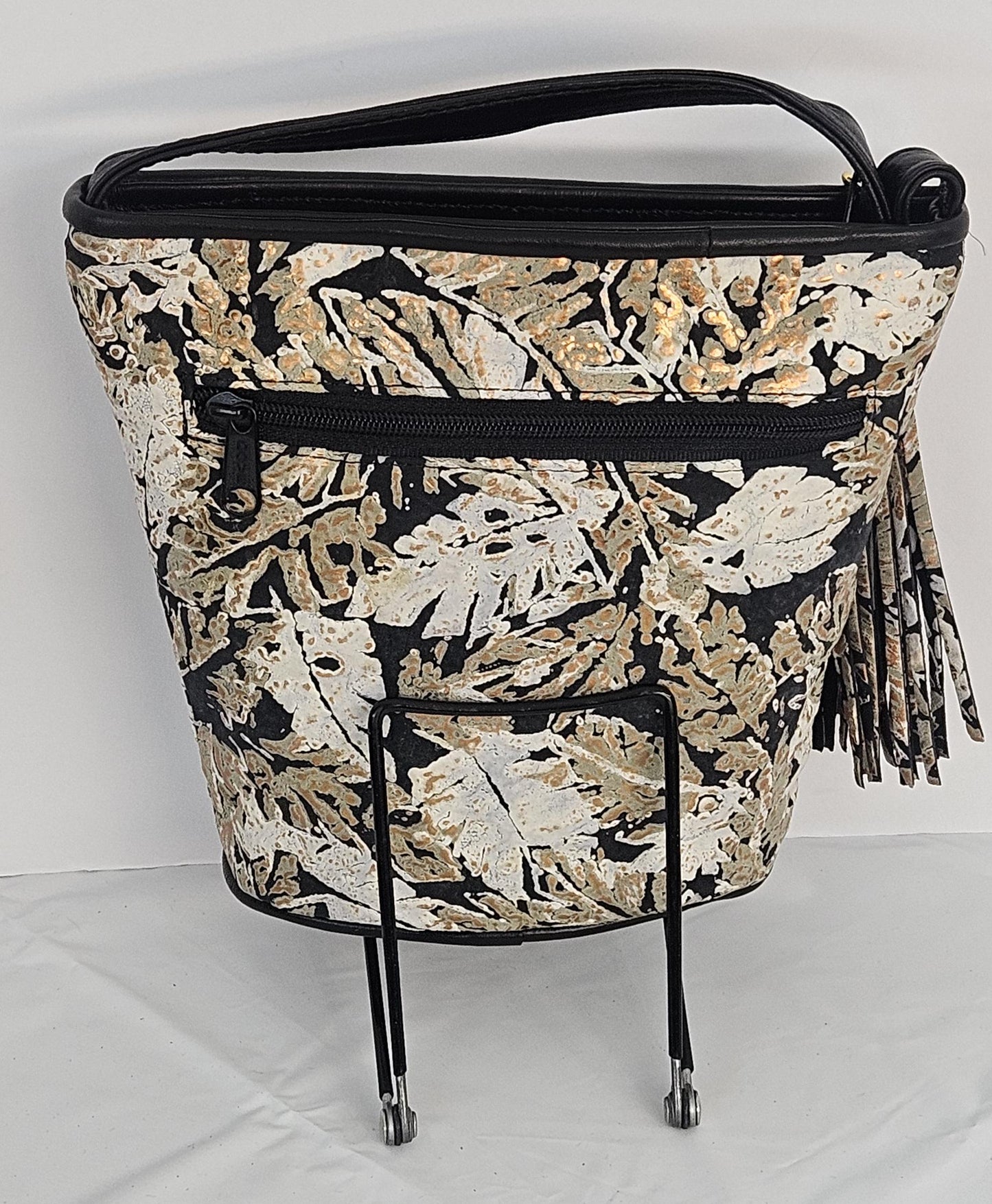 Black with Leaf print Genuine Leather Handbag.#TR2099Bwfp-3,Purses Universal Use ,Unique design. Made in USA.