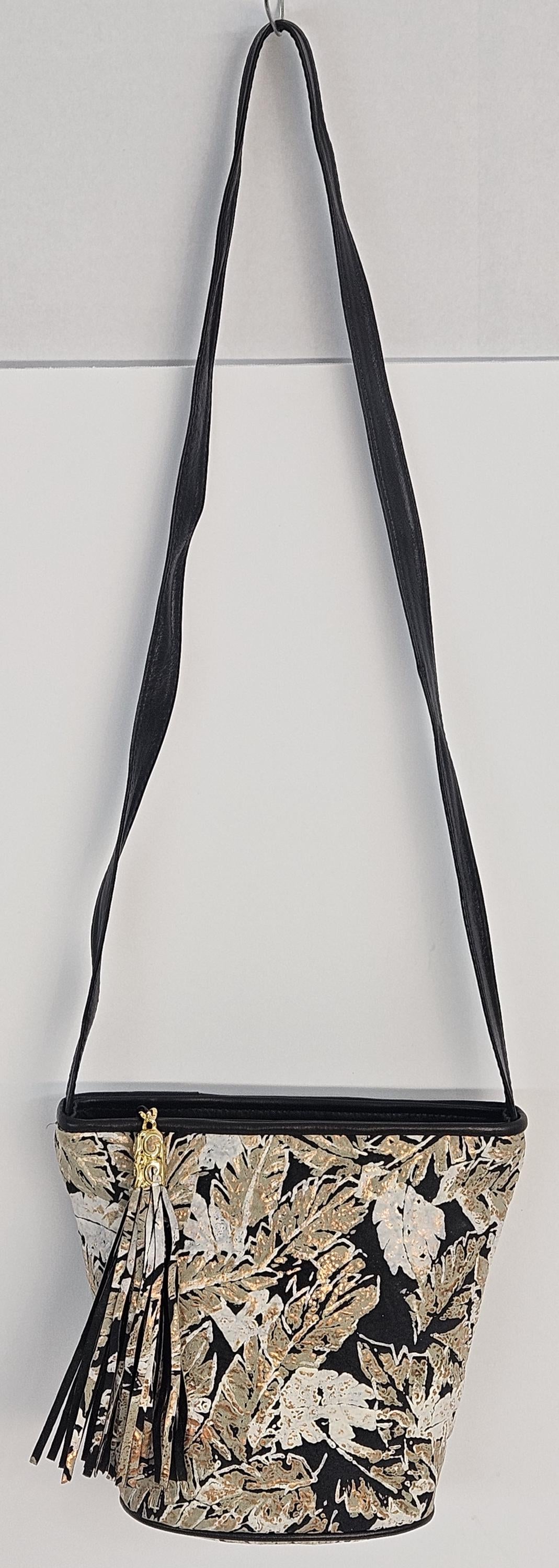 Black with Leaf print Genuine Leather Handbag.#TR2099Bwfp-3,Purses Universal Use ,Unique design. Made in USA.