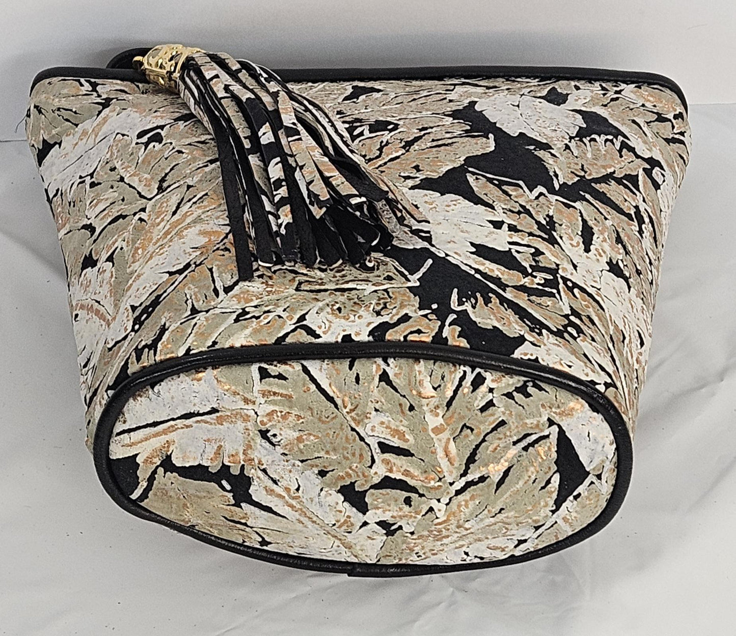 Black with Leaf print Genuine Leather Handbag.#TR2099Bwfp-3,Purses Universal Use ,Unique design. Made in USA.